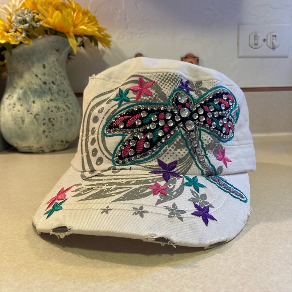 Vintage Accessories - Y2K Leader L.O.G.A. White Bedazzled Embroidered Buttterfly Flower Brimmed Hat